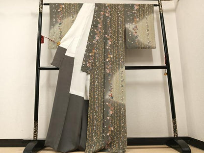 平和屋着物●訪問着 草花文 暈し染め 金彩 鬼しぼ縮緬 正絹 逸品 AABD8878ph