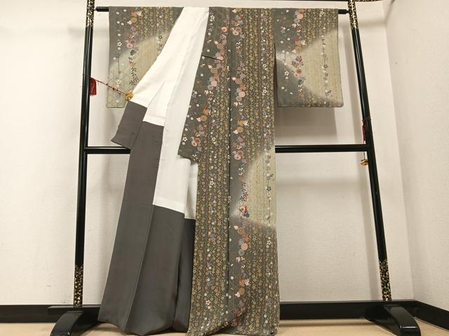 平和屋着物●訪問着 草花文 暈し染め 金彩 鬼しぼ縮緬 正絹 逸品 AABD8878ph