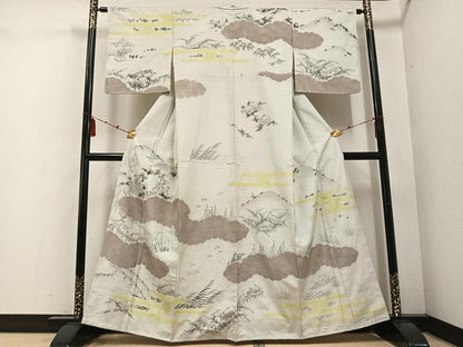 平和屋着物●訪問着 紬地 手描き 絞り 渡り橋風景文 正絹 逸品 AABD8880ph