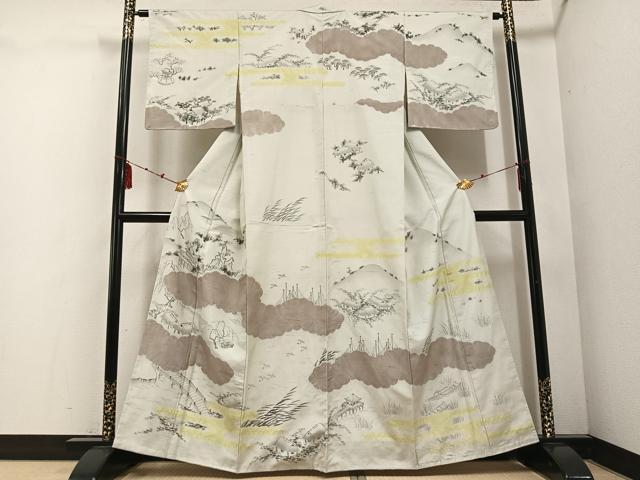 平和屋着物●訪問着 紬地 手描き 絞り 渡り橋風景文 正絹 逸品 AABD8880ph