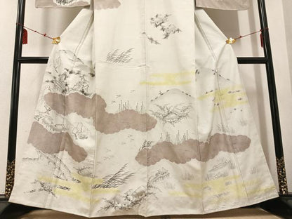 平和屋着物●訪問着 紬地 手描き 絞り 渡り橋風景文 正絹 逸品 AABD8880ph
