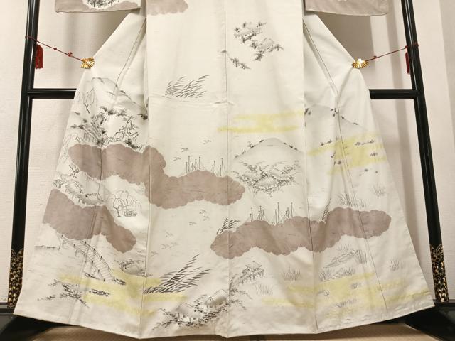 平和屋着物●訪問着 紬地 手描き 絞り 渡り橋風景文 正絹 逸品 AABD8880ph