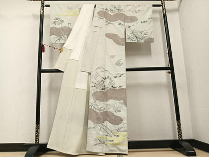 平和屋着物●訪問着 紬地 手描き 絞り 渡り橋風景文 正絹 逸品 AABD8880ph
