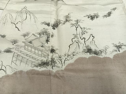 平和屋着物●訪問着 紬地 手描き 絞り 渡り橋風景文 正絹 逸品 AABD8880ph