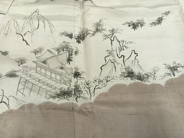 平和屋着物●訪問着 紬地 手描き 絞り 渡り橋風景文 正絹 逸品 AABD8880ph