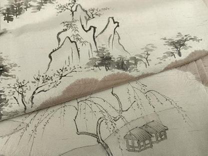 平和屋着物●訪問着 紬地 手描き 絞り 渡り橋風景文 正絹 逸品 AABD8880ph