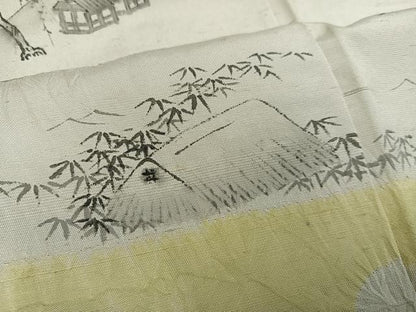 平和屋着物●訪問着 紬地 手描き 絞り 渡り橋風景文 正絹 逸品 AABD8880ph
