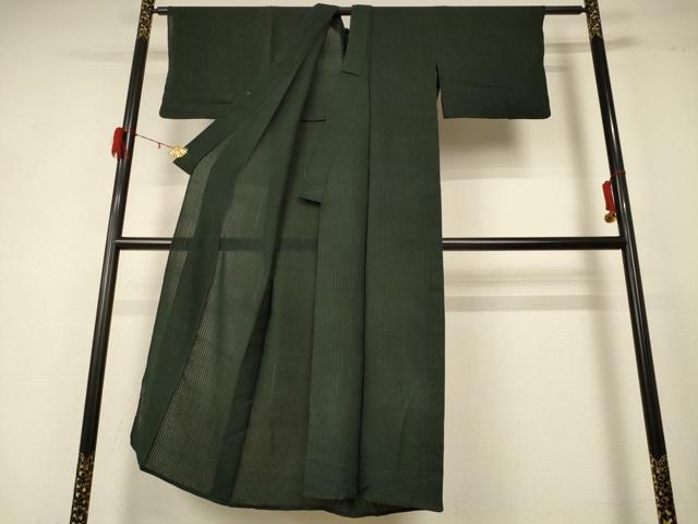 平和屋着物＊夏物 色無地 紗 縞 黒緑色 正絹 逸品 AABD8891jd