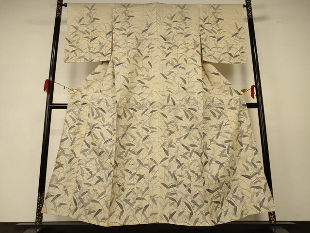 平和屋着物＊夏物 訪問着 生紬地 草葉文 正絹 逸品 AABD8947jd