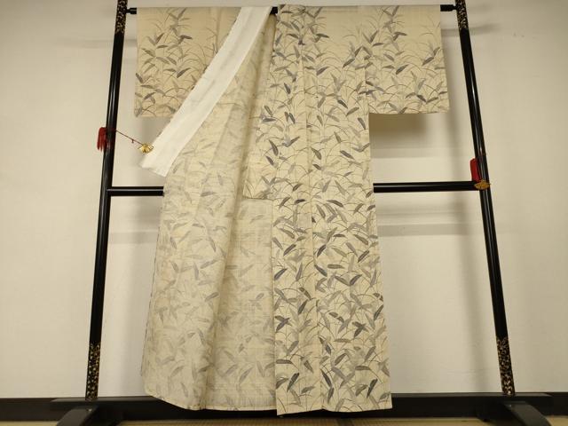 平和屋着物＊夏物 訪問着 生紬地 草葉文 正絹 逸品 AABD8947jd