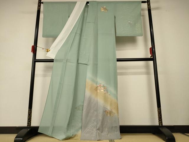 平和屋着物＊夏物 紬 絽 刺繍 地紙草花文 暈し染め 金銀彩 正絹 逸品 AABD8957jd