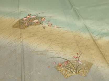 平和屋着物＊夏物 紬 絽 刺繍 地紙草花文 暈し染め 金銀彩 正絹 逸品 AABD8957jd