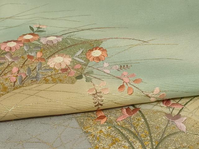 平和屋着物＊夏物 紬 絽 刺繍 地紙草花文 暈し染め 金銀彩 正絹 逸品 AABD8957jd
