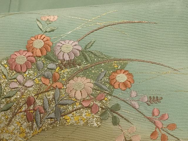平和屋着物＊夏物 紬 絽 刺繍 地紙草花文 暈し染め 金銀彩 正絹 逸品 AABD8957jd