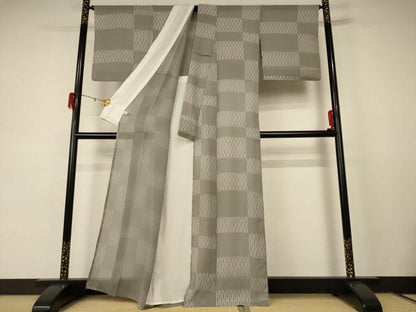平和屋着物＊夏物 小紋 紗 変わり市松文様 正絹 逸品 AABD8958jd