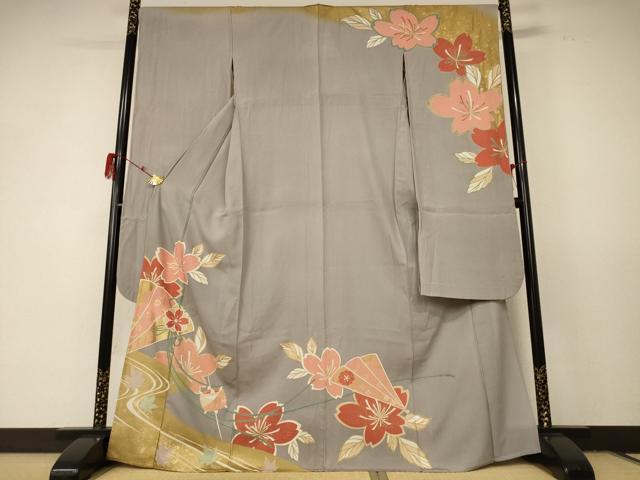 平和屋着物＊夏物　振袖　縦絽　流水草花文　金彩　正絹　逸品　AABD8959jd