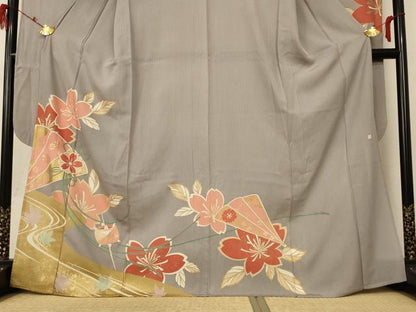 平和屋着物＊夏物　振袖　縦絽　流水草花文　金彩　正絹　逸品　AABD8959jd