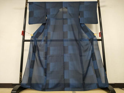 平和屋着物＊夏物 小紋 紗 変わり市松文様 洗える着物 AABD8974jd
