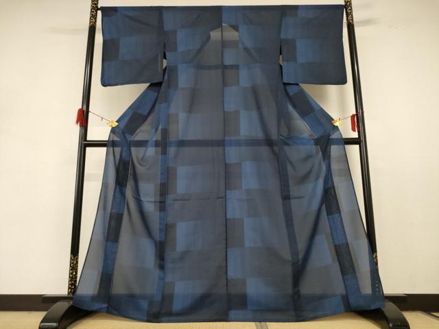 平和屋着物＊夏物 小紋 紗 変わり市松文様 洗える着物 AABD8974jd