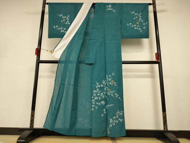 平和屋着物＊夏物 訪問着 紗 萩 蝶 金彩 洗える着物 AABD8980jd