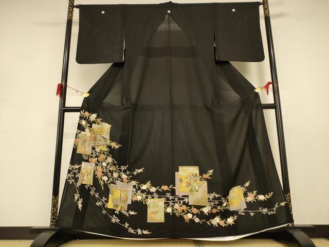 平和屋着物＊夏物 黒留袖 絽 色紙人物花文 金彩 正絹 逸品 AABD8983jd