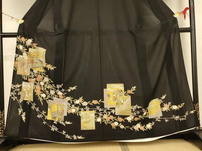 平和屋着物＊夏物 黒留袖 絽 色紙人物花文 金彩 正絹 逸品 AABD8983jd