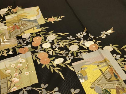 平和屋着物＊夏物 黒留袖 絽 色紙人物花文 金彩 正絹 逸品 AABD8983jd