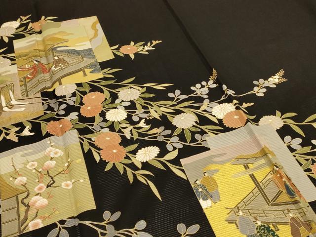 平和屋着物＊夏物 黒留袖 絽 色紙人物花文 金彩 正絹 逸品 AABD8983jd