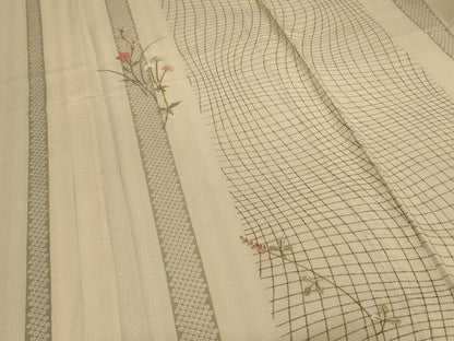平和屋着物＊夏物　小紋　絽　刺繍　草花文　正絹　逸品　AABD8984jd