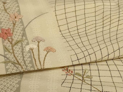 平和屋着物＊夏物　小紋　絽　刺繍　草花文　正絹　逸品　AABD8984jd