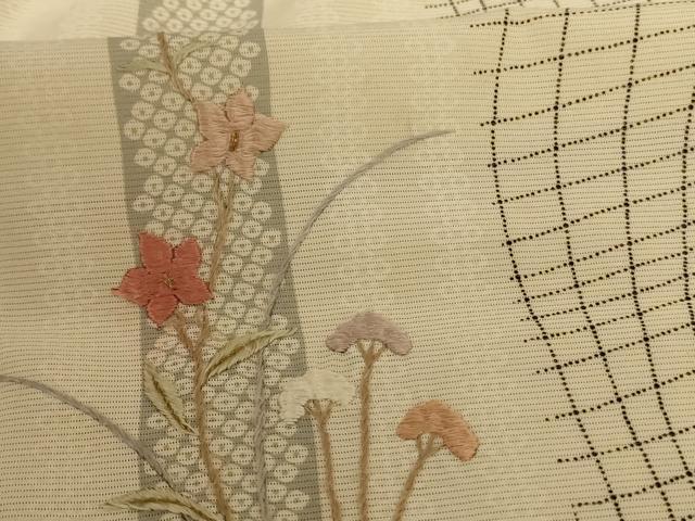 平和屋着物＊夏物　小紋　絽　刺繍　草花文　正絹　逸品　AABD8984jd