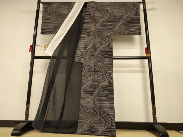 平和屋着物＊夏物　小紋　絽　よろけ縞　正絹　逸品　AABD8985jd