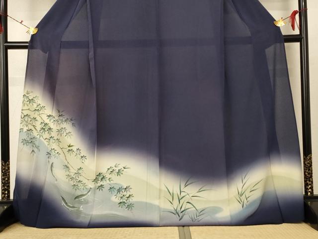 平和屋着物＊夏物　訪問着　絽　手描き　楓文　鮎　暈し染め　ロング丈　正絹　逸品　AABD8994jd