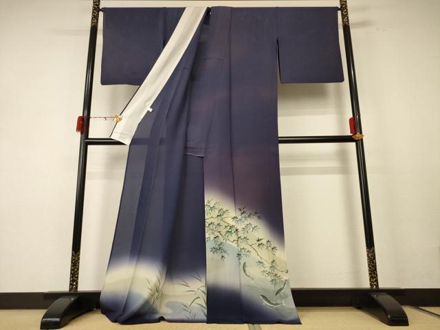 平和屋着物＊夏物　訪問着　絽　手描き　楓文　鮎　暈し染め　ロング丈　正絹　逸品　AABD8994jd