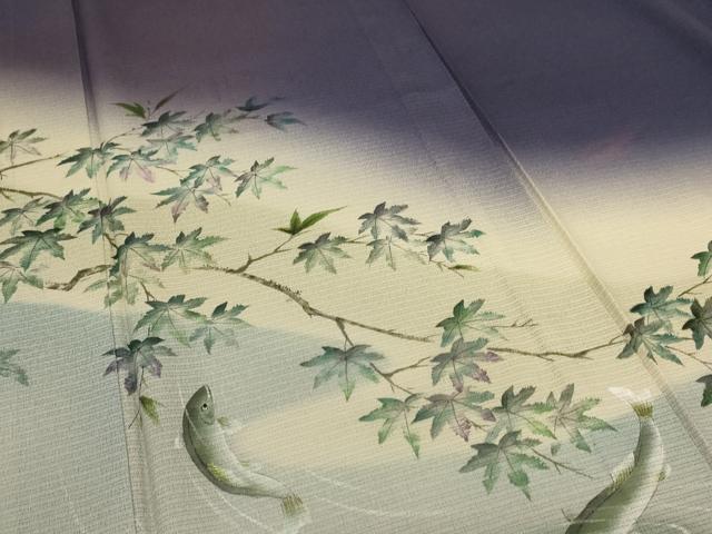 平和屋着物＊夏物　訪問着　絽　手描き　楓文　鮎　暈し染め　ロング丈　正絹　逸品　AABD8994jd