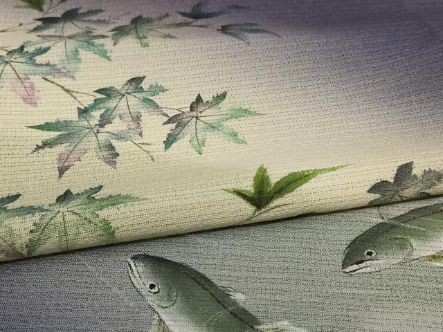 平和屋着物＊夏物　訪問着　絽　手描き　楓文　鮎　暈し染め　ロング丈　正絹　逸品　AABD8994jd