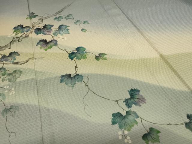 平和屋着物＊夏物　訪問着　絽　手描き　蔦の葉文　暈し染め　ロング丈　正絹　逸品　AABD8995jd
