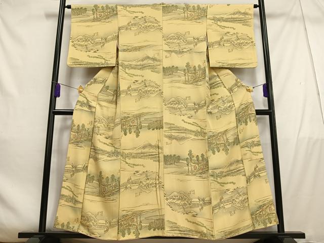平和屋着物■上質な小紋　東海道五拾三次　鬼しぼ縮緬　正絹　逸品　AABD9106oa