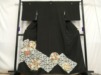 平和屋着物■豪華黒留袖 刺繍 双鳥飛鶴花文 金彩 正絹 逸品 AABD9110oa
