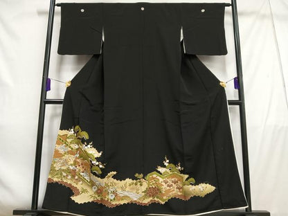 平和屋着物■豪華黒留袖 駒刺繍 屏風松竹梅文 金銀糸 金彩 正絹 逸品 AABD9125oa