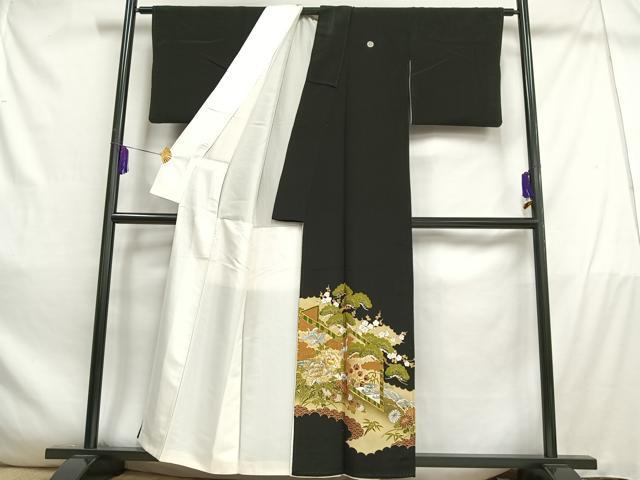 平和屋着物■豪華黒留袖 駒刺繍 屏風松竹梅文 金銀糸 金彩 正絹 逸品 AABD9125oa