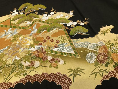 平和屋着物■豪華黒留袖 駒刺繍 屏風松竹梅文 金銀糸 金彩 正絹 逸品 AABD9125oa