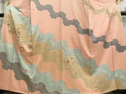 平和屋着物■訪問着　駒刺繍　絞り　扇面花文　金彩　正絹　逸品　AABD9132oa