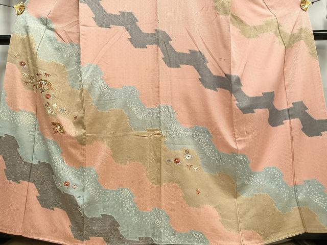 平和屋着物■訪問着　駒刺繍　絞り　扇面花文　金彩　正絹　逸品　AABD9132oa