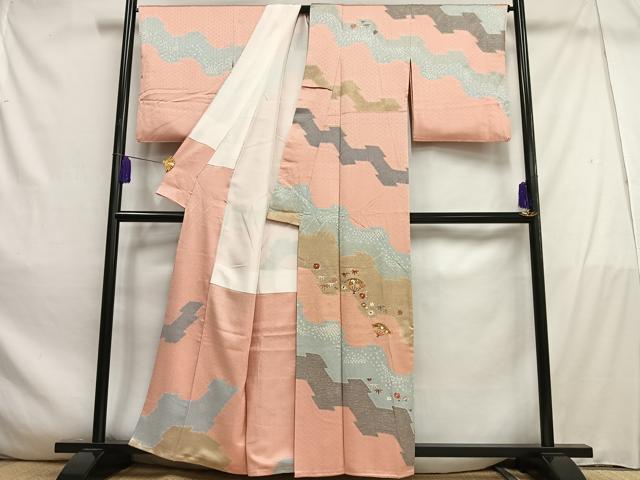 平和屋着物■訪問着　駒刺繍　絞り　扇面花文　金彩　正絹　逸品　AABD9132oa