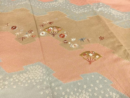 平和屋着物■訪問着　駒刺繍　絞り　扇面花文　金彩　正絹　逸品　AABD9132oa