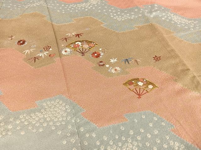 平和屋着物■訪問着　駒刺繍　絞り　扇面花文　金彩　正絹　逸品　AABD9132oa