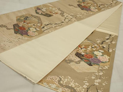 平和屋着物◎六通柄袋帯　唐織　亀甲花鳥文　金糸　正絹　逸品　AABD9293ou