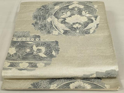 平和屋着物◎六通柄袋帯　更紗花丸文　銀糸　正絹　逸品　AABD9296ou