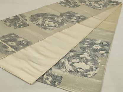 平和屋着物◎六通柄袋帯　更紗花丸文　銀糸　正絹　逸品　AABD9296ou